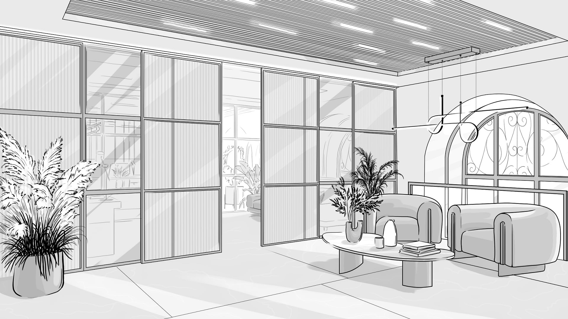 Hand-drawn sketch — office lobby interior design
