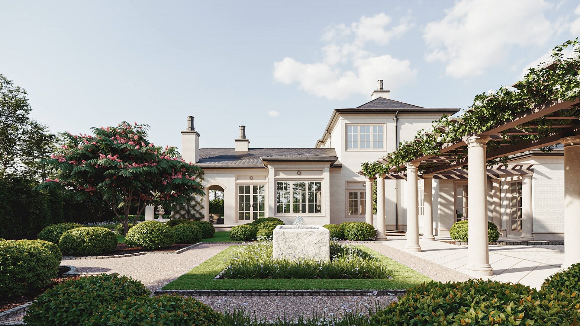 Photorealistic architectural visualization — mansion exterior CGI