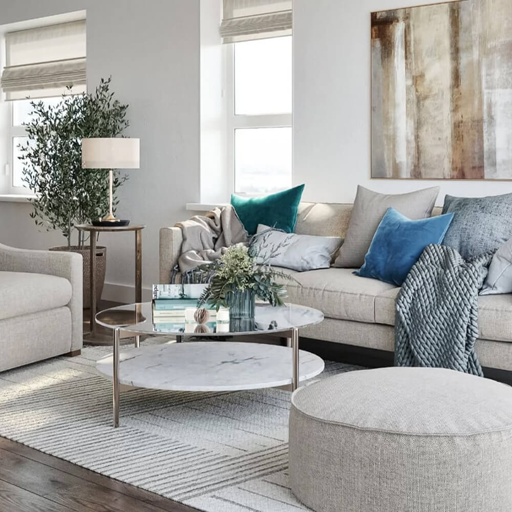 3D interior render of a living room with upholstered furniture and round coffee table