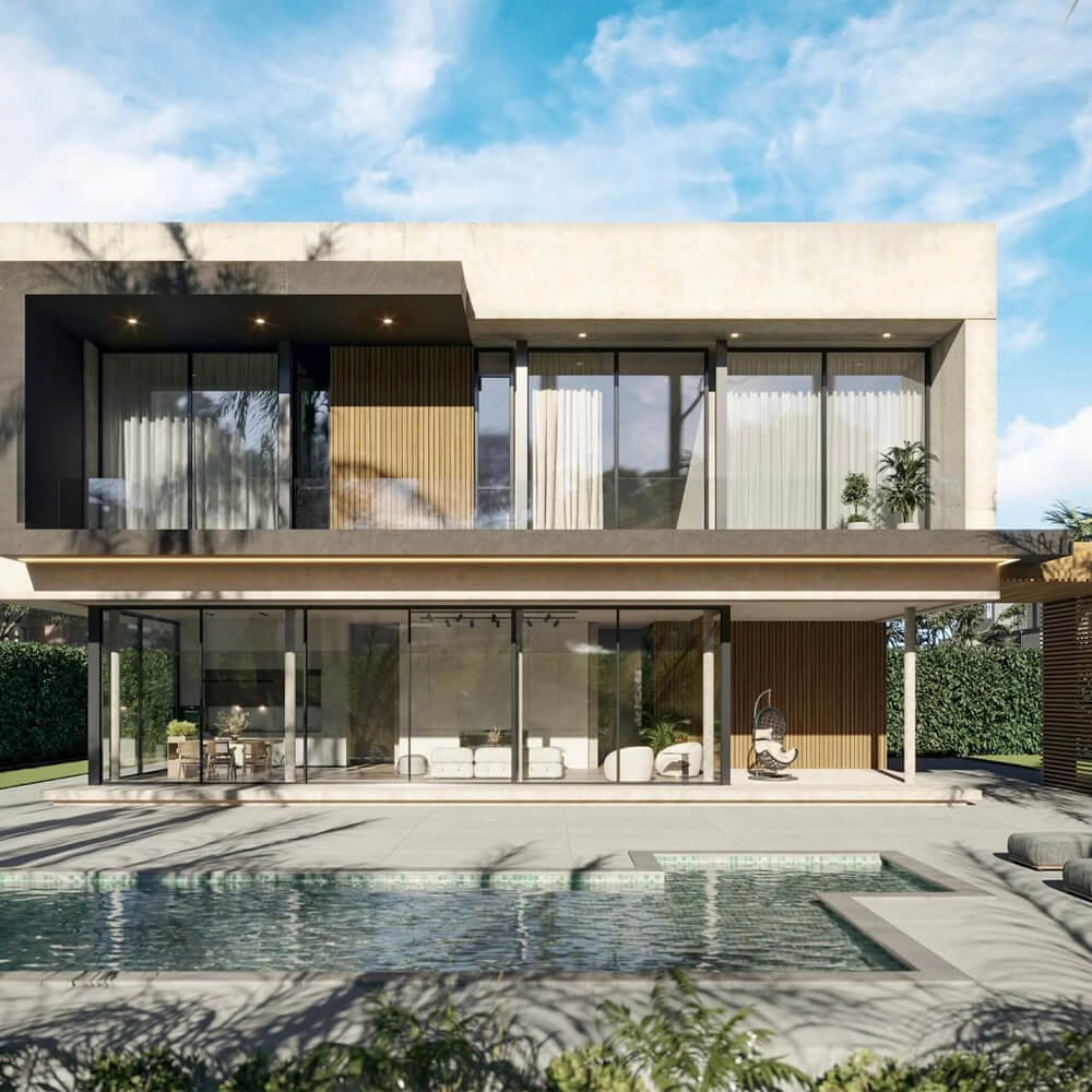 Real estate 3D rendering of a modern home exterior with pool