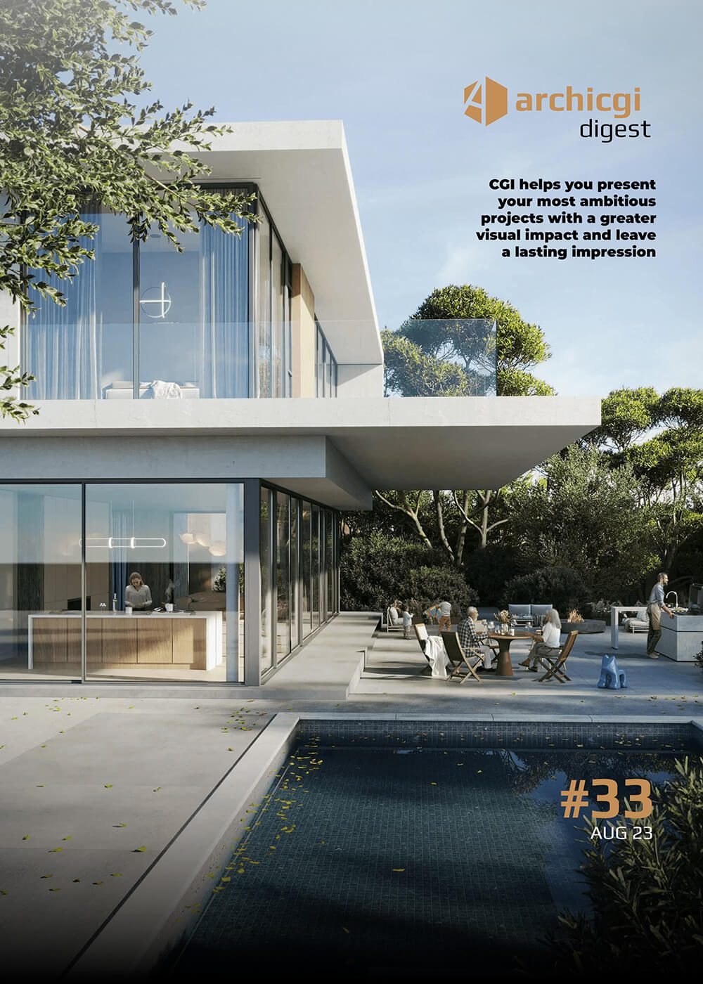 ArchiCGI Digest #33 cover with 3D rendering of a modern residential exterior