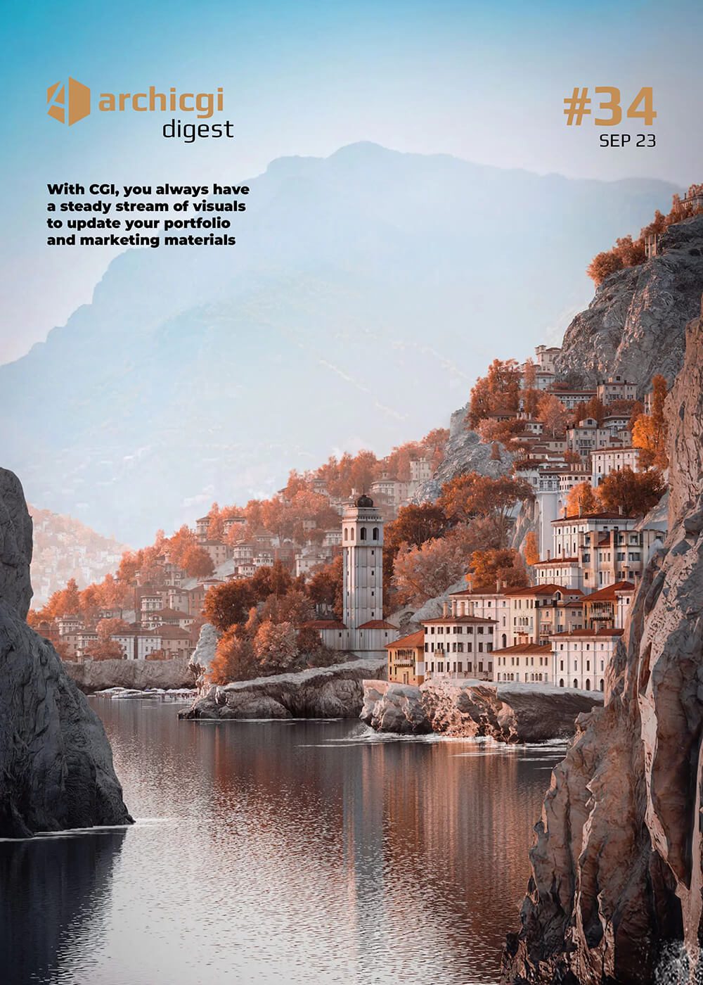 ArchiCGI Digest #34 cover with 3D rendering of a cliffside coastal development