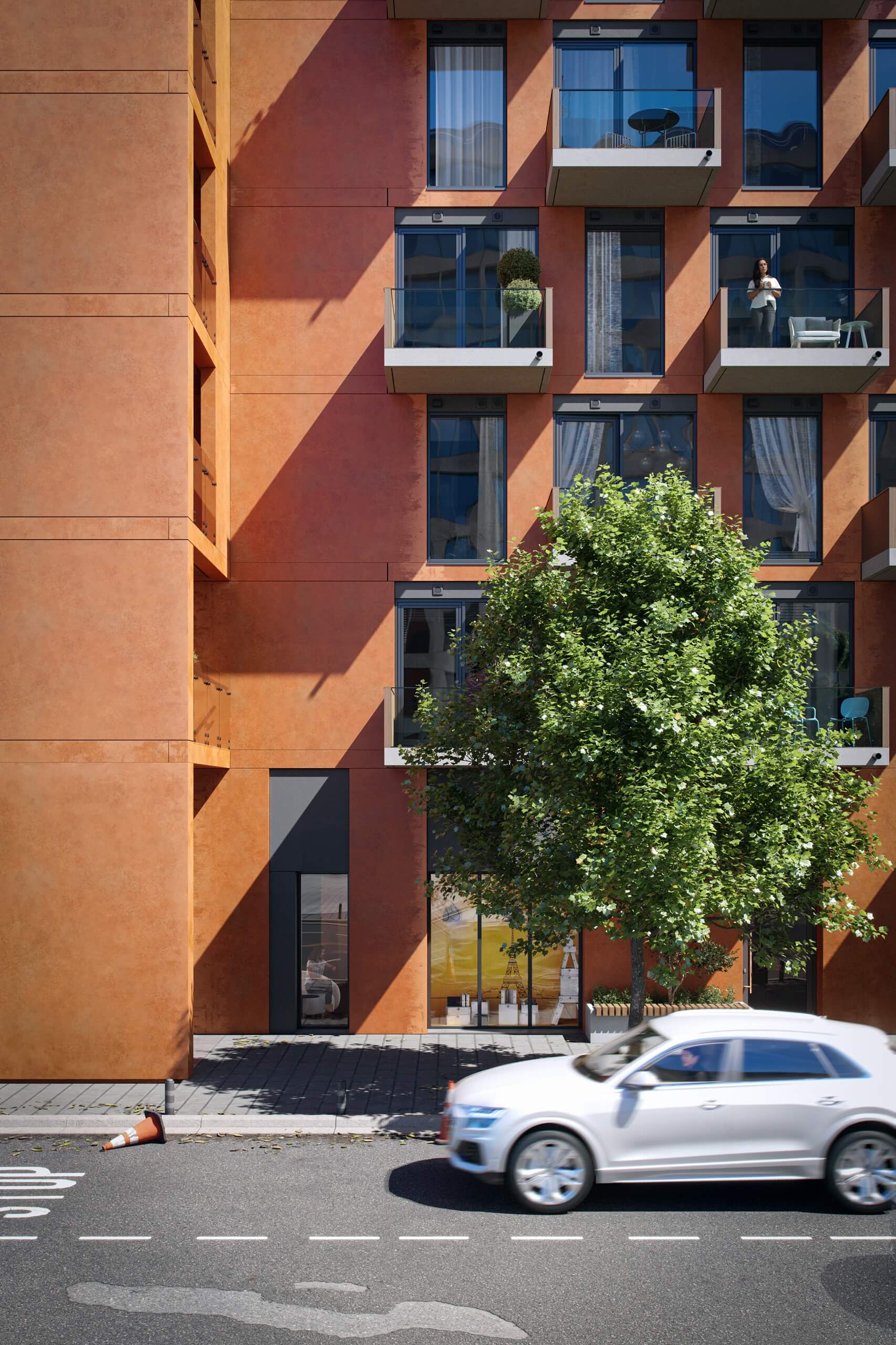 Close-up 3D Rendering of a Mid-rise Building