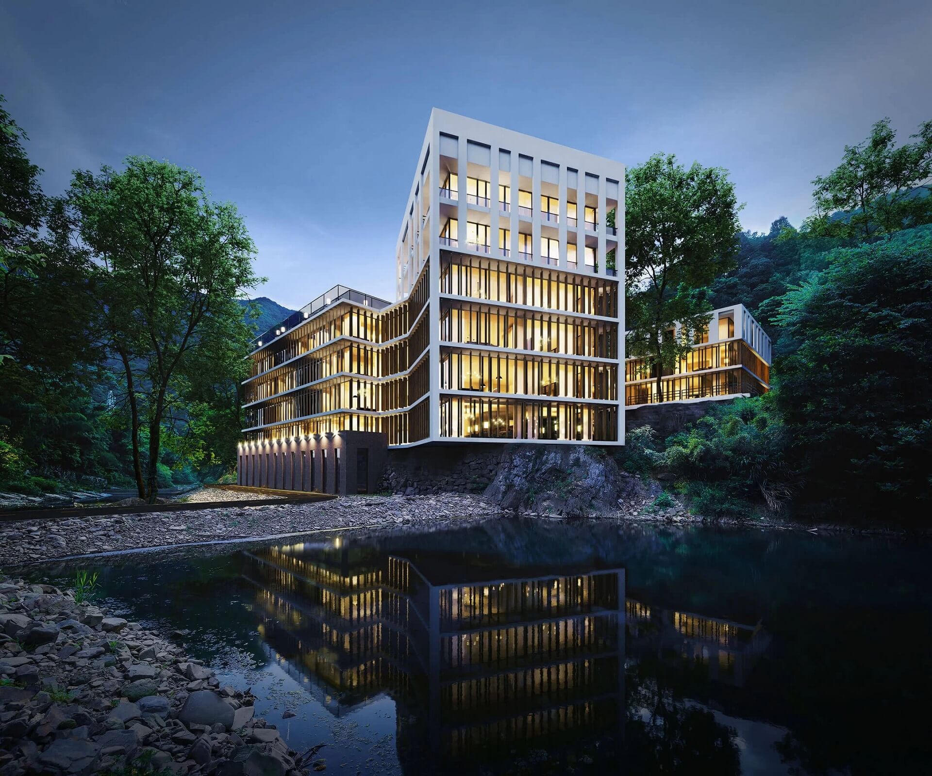 Professional 3D Exterior Rendering of a Lakeside Residence