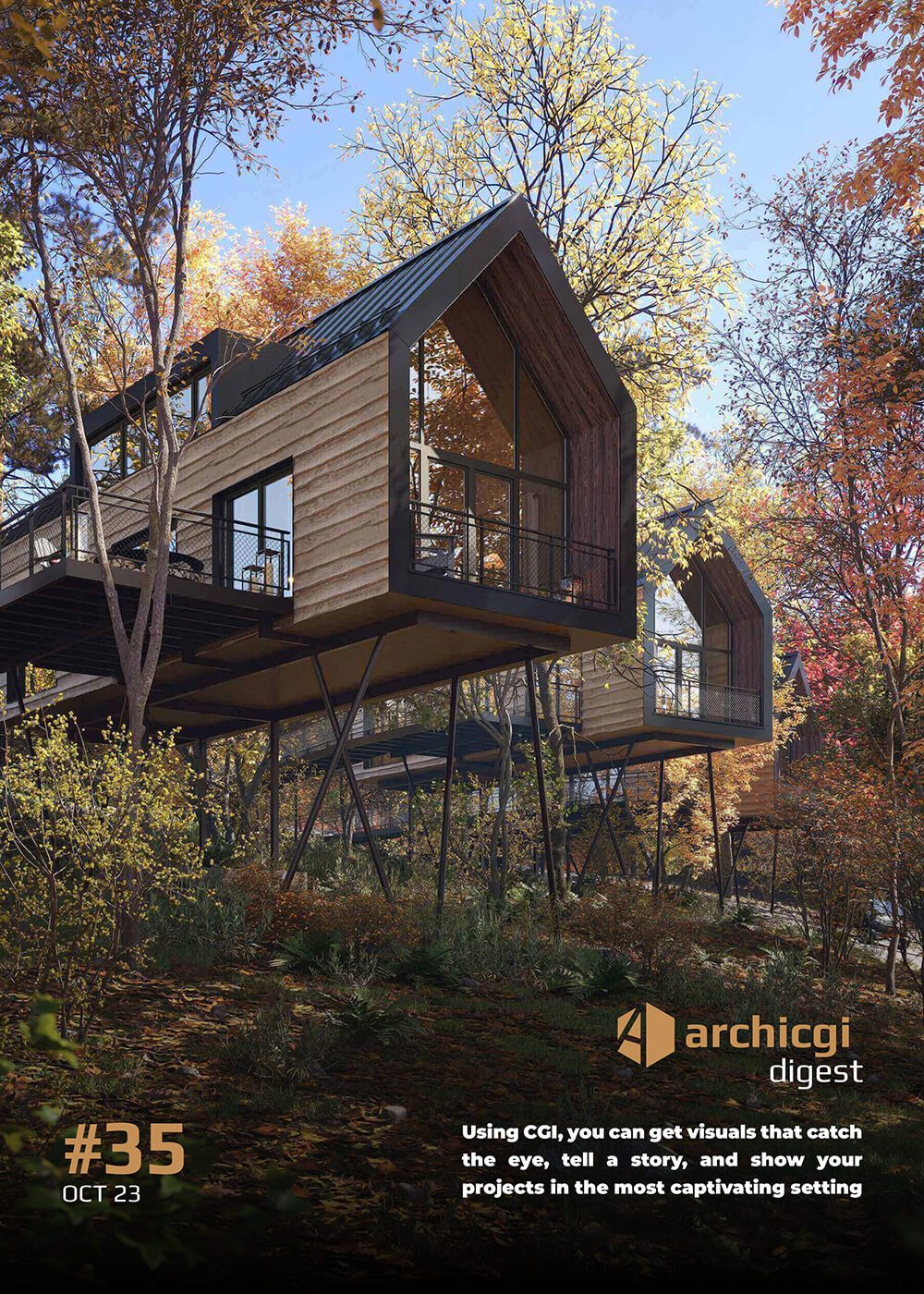 ArchiCGI Digest #35 cover with 3D rendering of a modern forest house