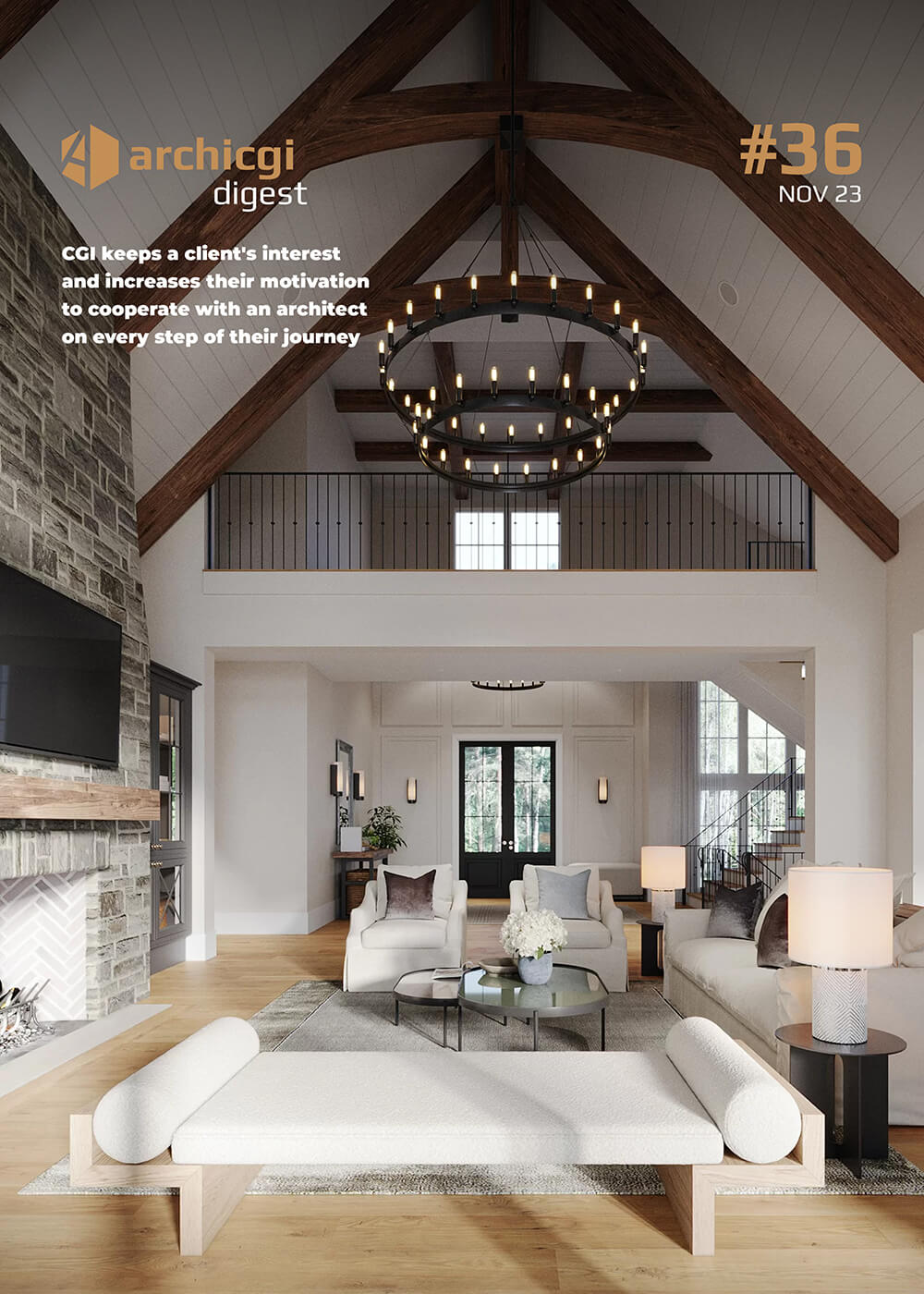 ArchiCGI Digest #36 cover with 3D rendering of a luxury living room