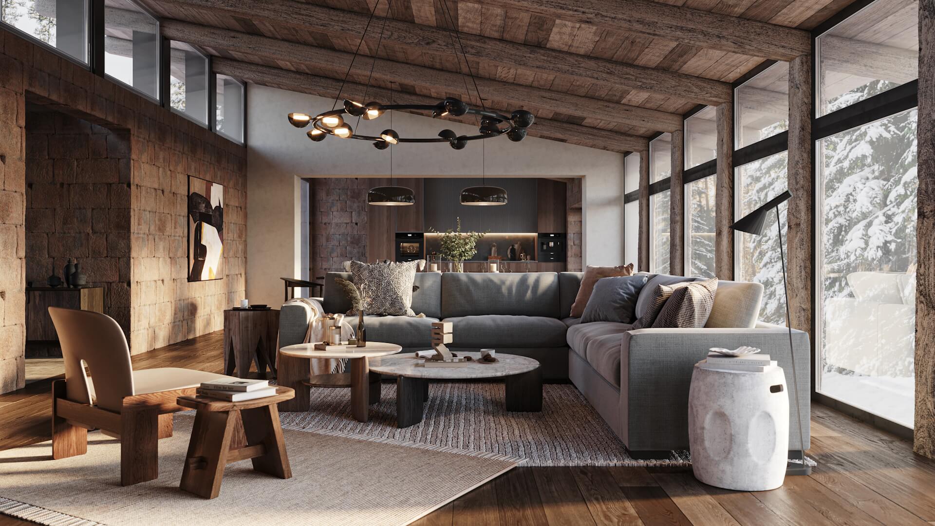 Interior render — camera angle showing 3 walls