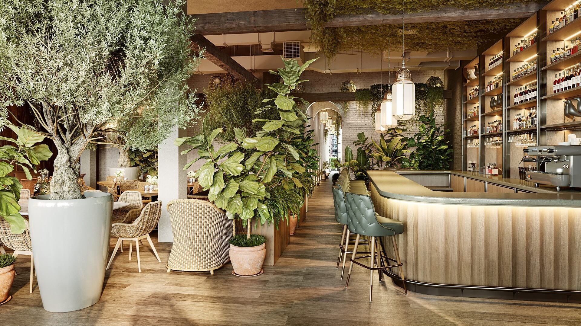 Hospitality rendering — luxury restaurant CGI