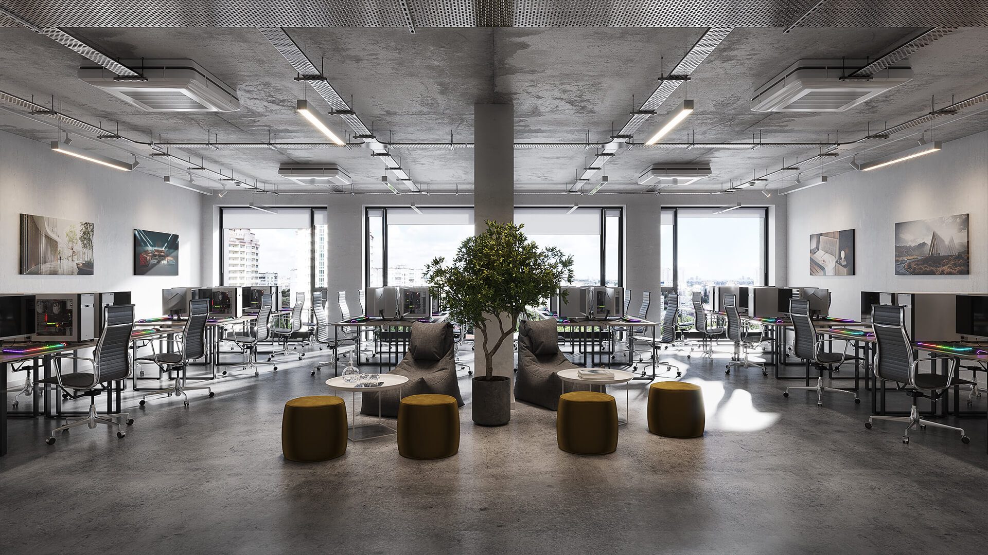 3D visualization of an open office with concrete ceiling and shared workstations