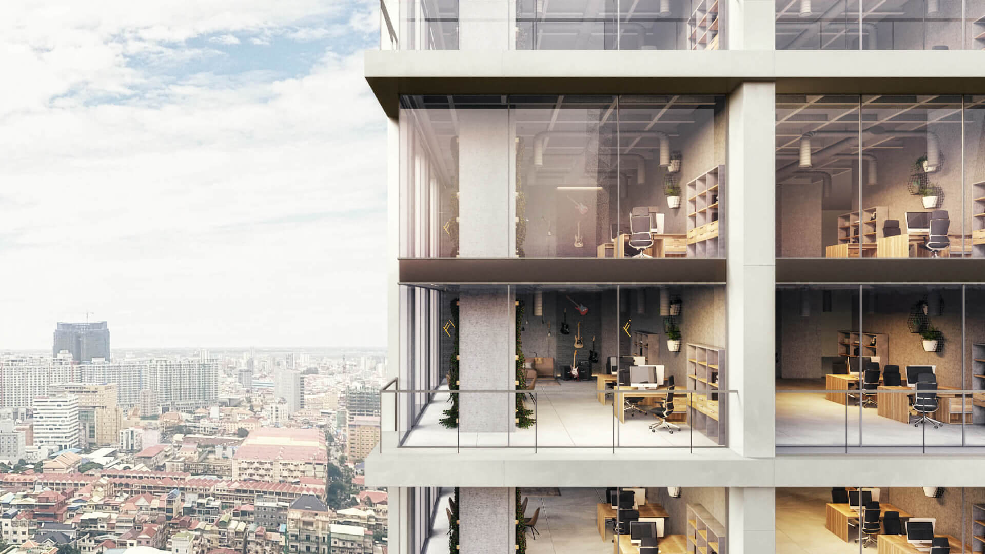 3D visualization of a modern office building facade showing interior workspaces