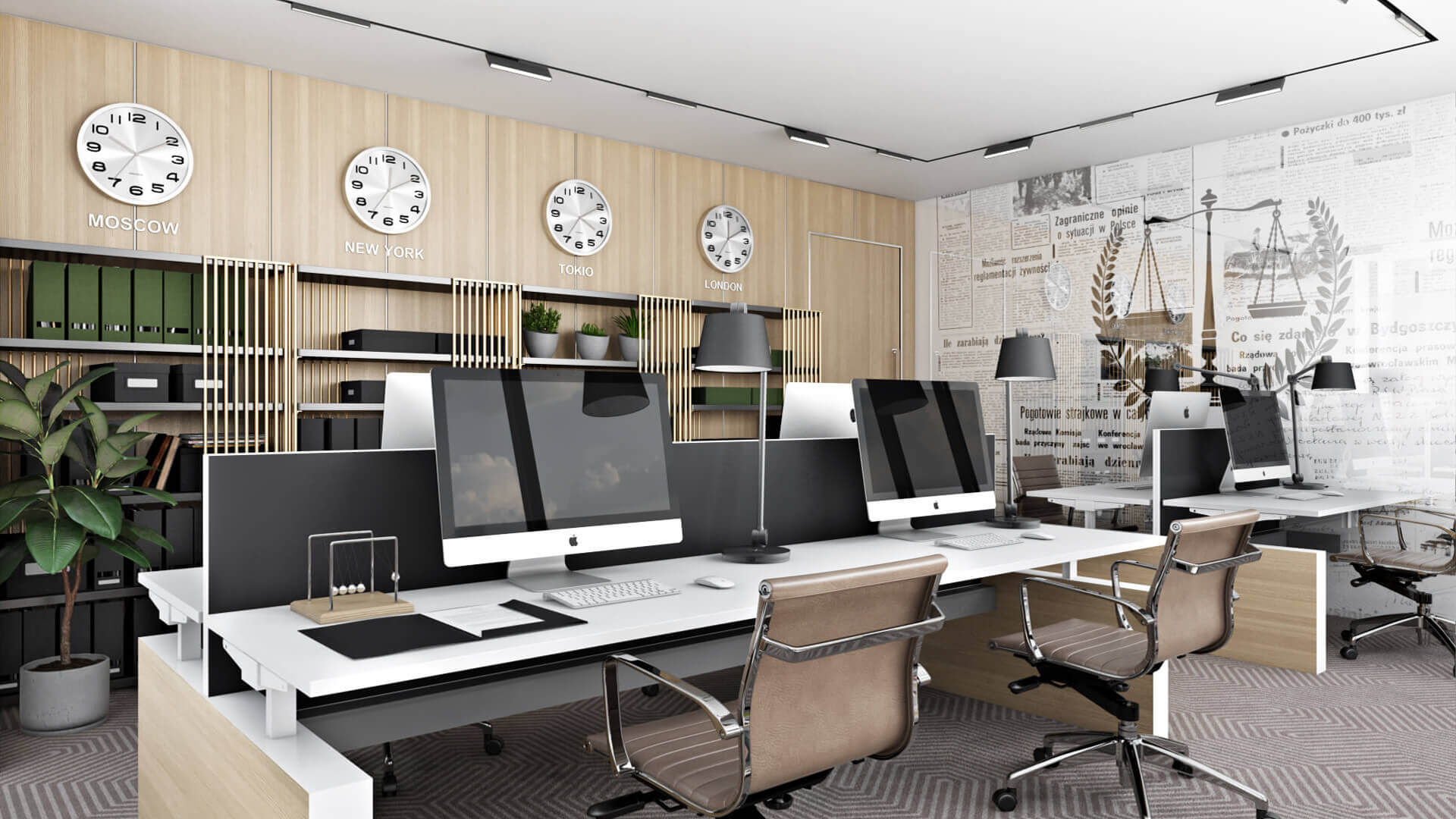 3D office visualization of a modern workspace with desks and wall clocks