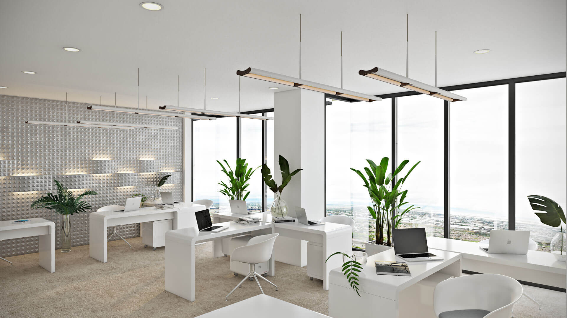 3D office visualization of a bright white workspace with plants