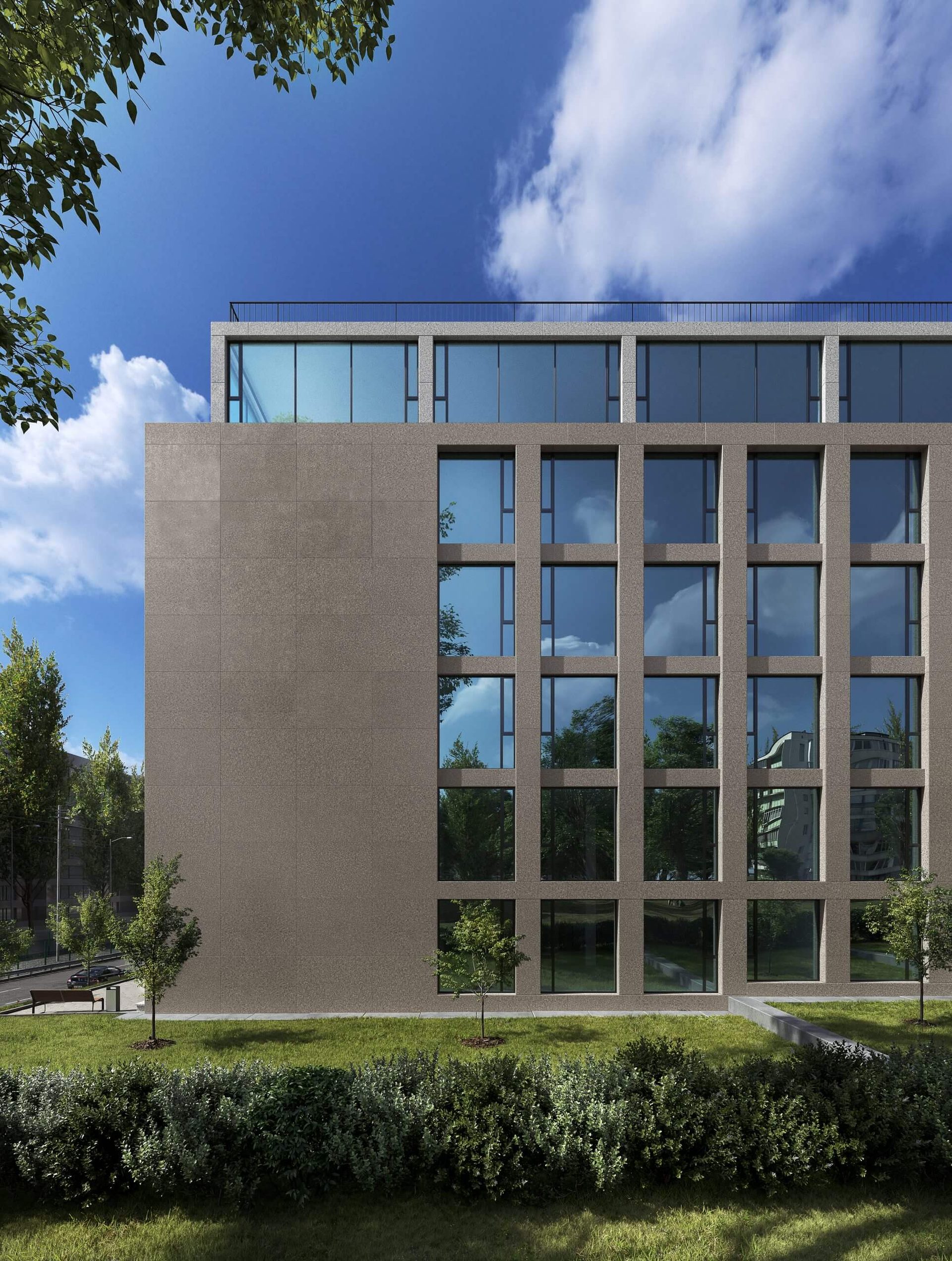 3D office building exterior rendering under a blue sky