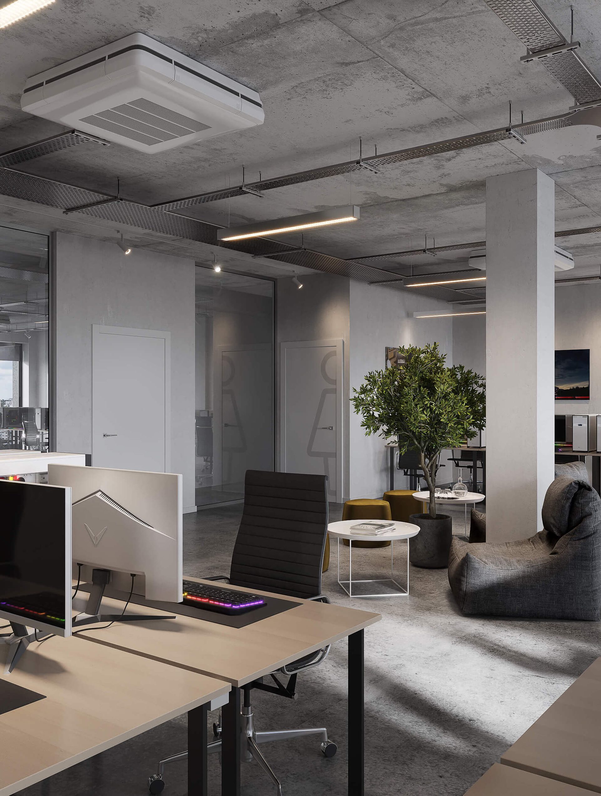 3D office interior rendering of desks in a concrete loft workspace