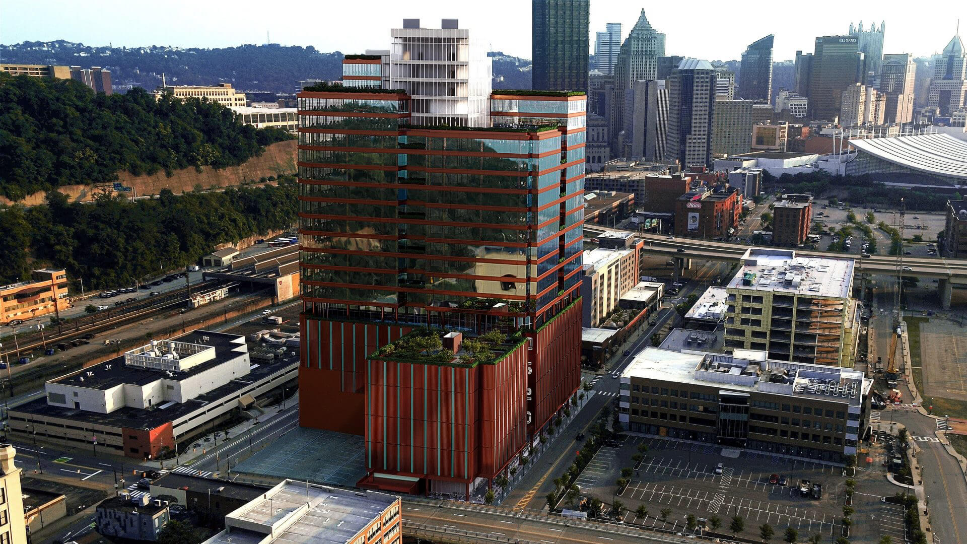 Aerial 3D rendering of a modern office building in an urban district