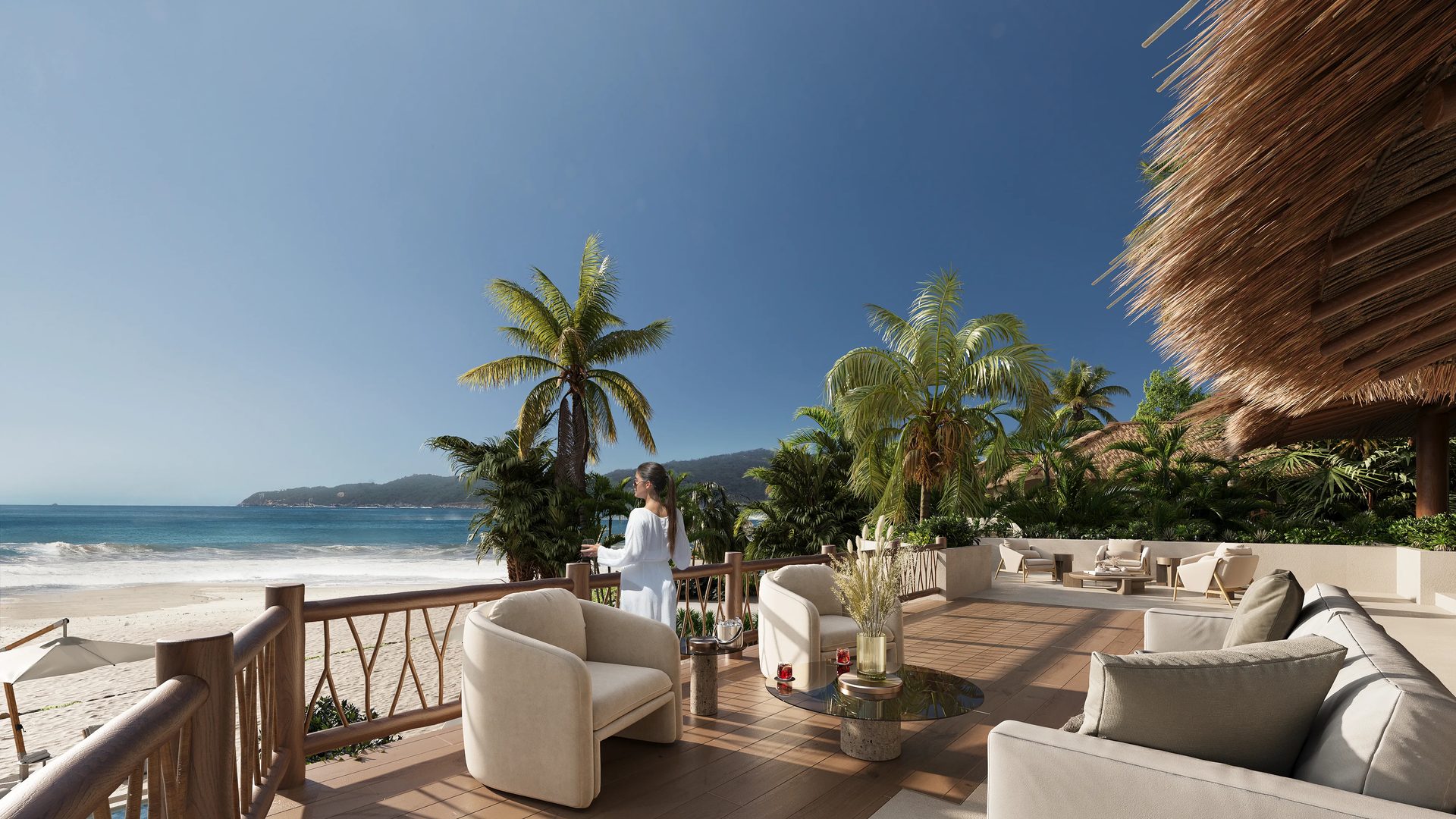 Luxury beachfront property terrace overlooking the ocean, presented in a realistic 3D rendering