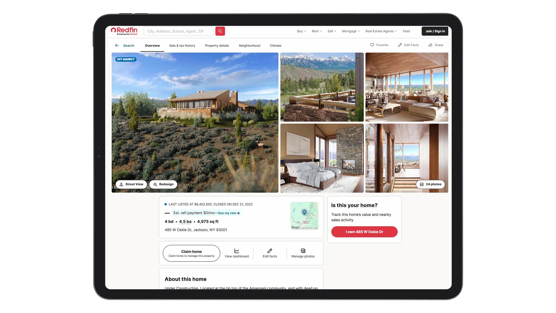 Tablet screen displaying a property listing with interior and exterior images created using real estate 3D rendering