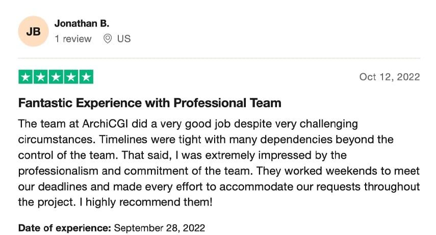 Trustpilot review praising ArchiCGI's professional visualization team