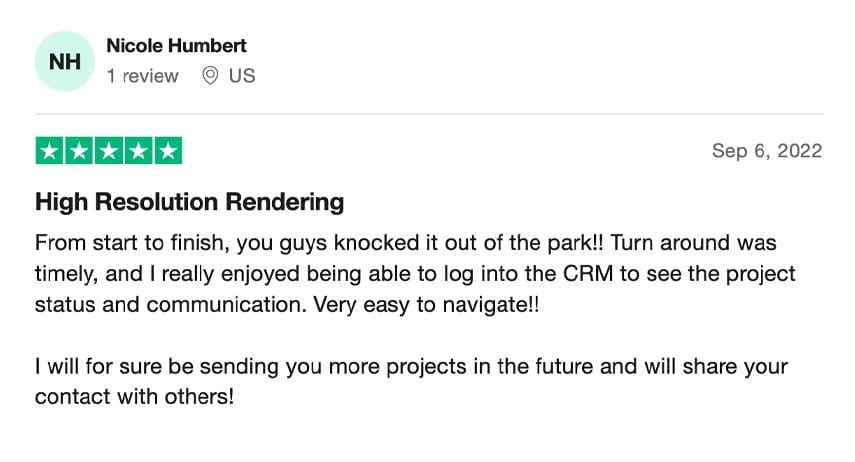 Trustpilot review praising ArchiCGI's high-resolution rendering work