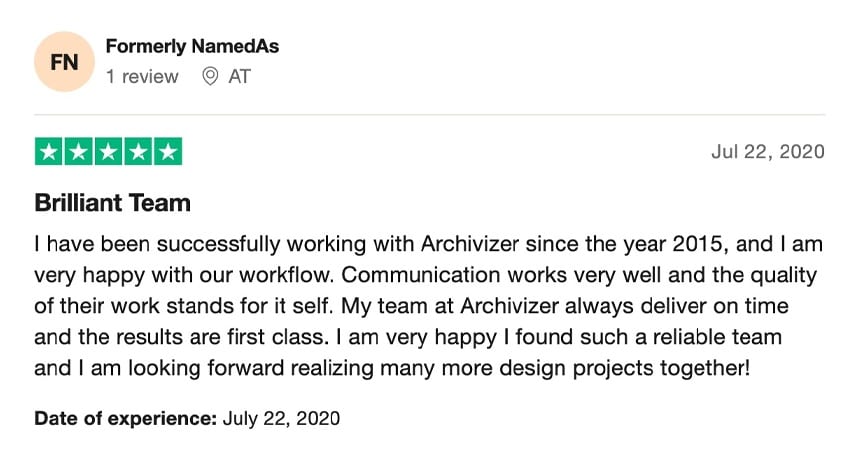 Trustpilot review praising ArchiCGI's 3D architectural rendering service
