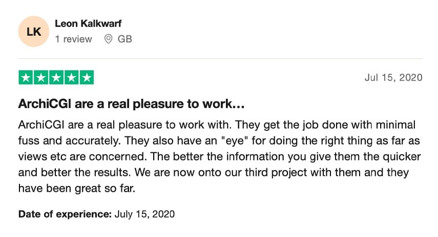 Trustpilot review praising ArchiCGI's accurate and on-time visualization work