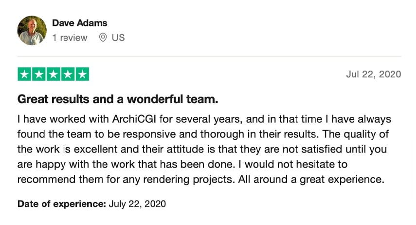 Trustpilot review praising ArchiCGI's rendering quality and responsive team