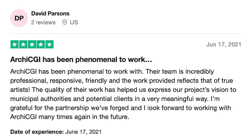 Trustpilot review praising ArchiCGI's professional 3D rendering service