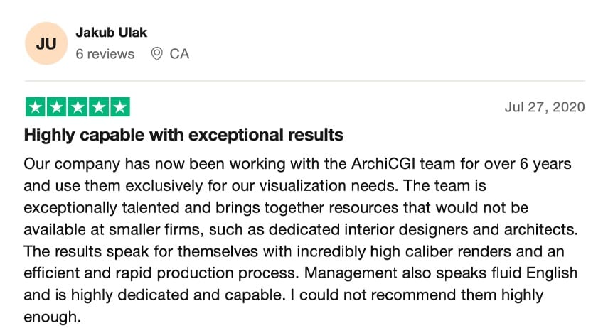 Trustpilot review praising ArchiCGI's capable architectural visualization team