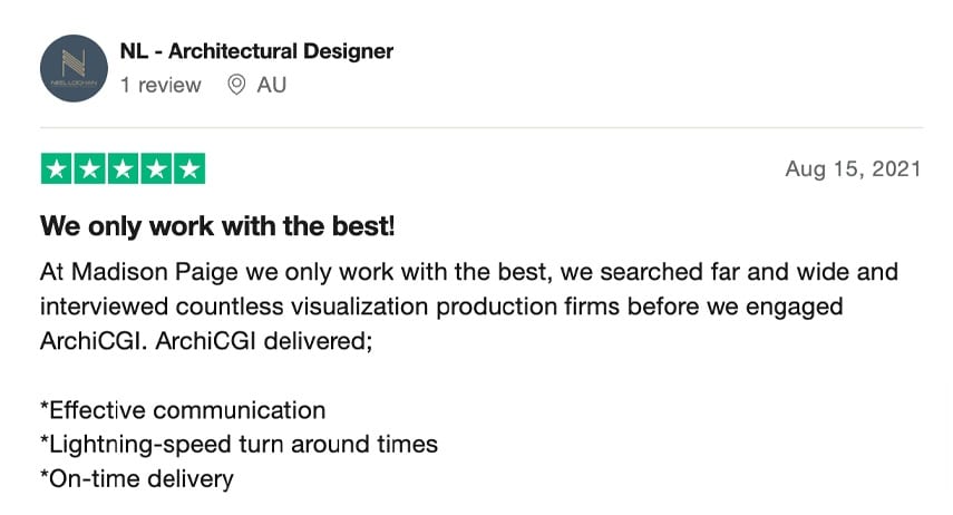 Trustpilot review recommending ArchiCGI for high-quality 3D visualization