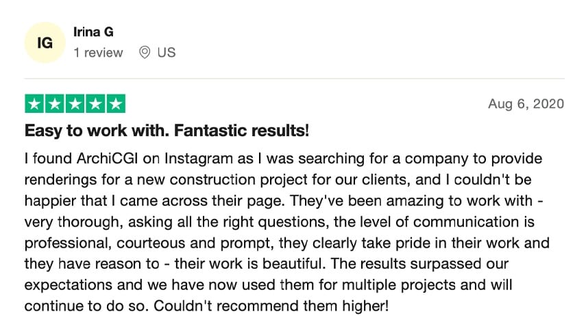 Trustpilot review praising ArchiCGI's communication and rendering process