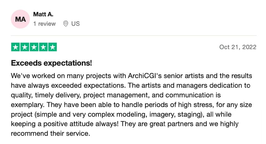 Trustpilot review praising ArchiCGI's ability to handle complex design projects