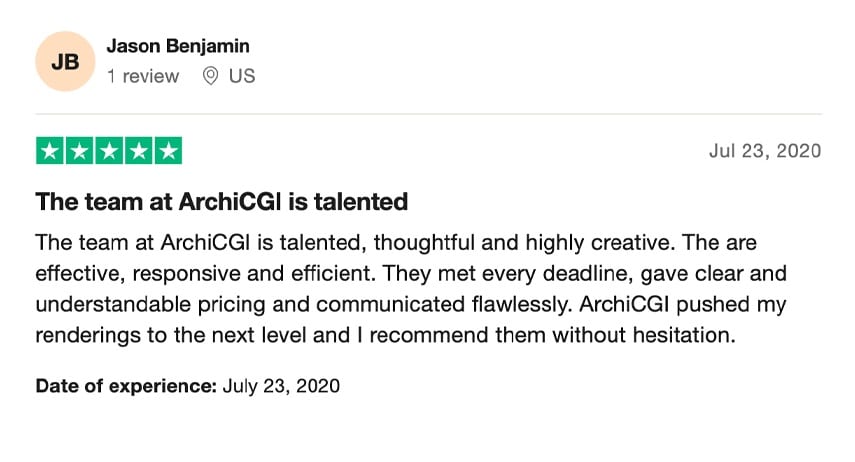 Trustpilot review praising ArchiCGI's efficient and accurate rendering service