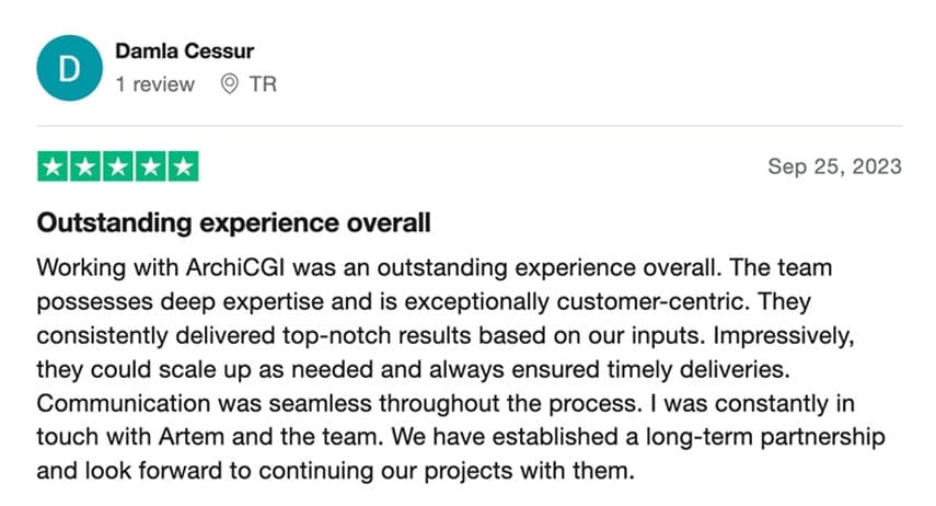Trustpilot review praising ArchiCGI's rendering communication and delivery