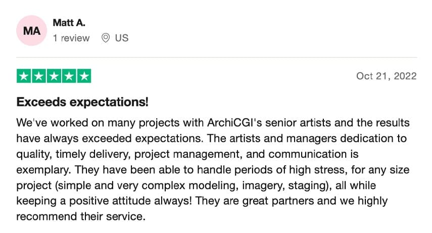 Trustpilot review praising ArchiCGI's design visualization quality