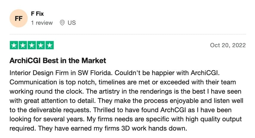 Trustpilot review praising ArchiCGI's realistic interior renderings