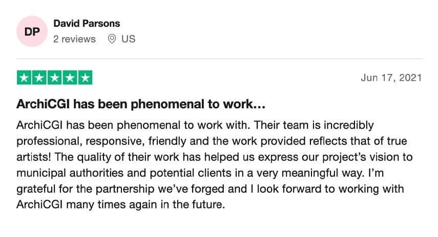 Trustpilot review praising ArchiCGI's professional rendering service