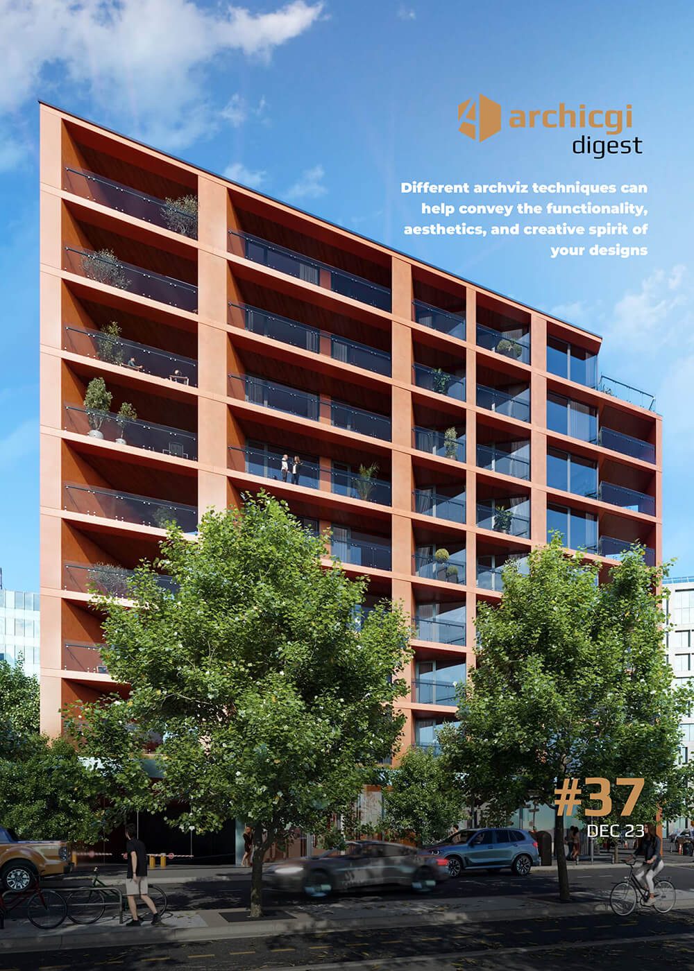 ArchiCGI Digest #37 cover with 3D rendering of a modern apartment building exterior