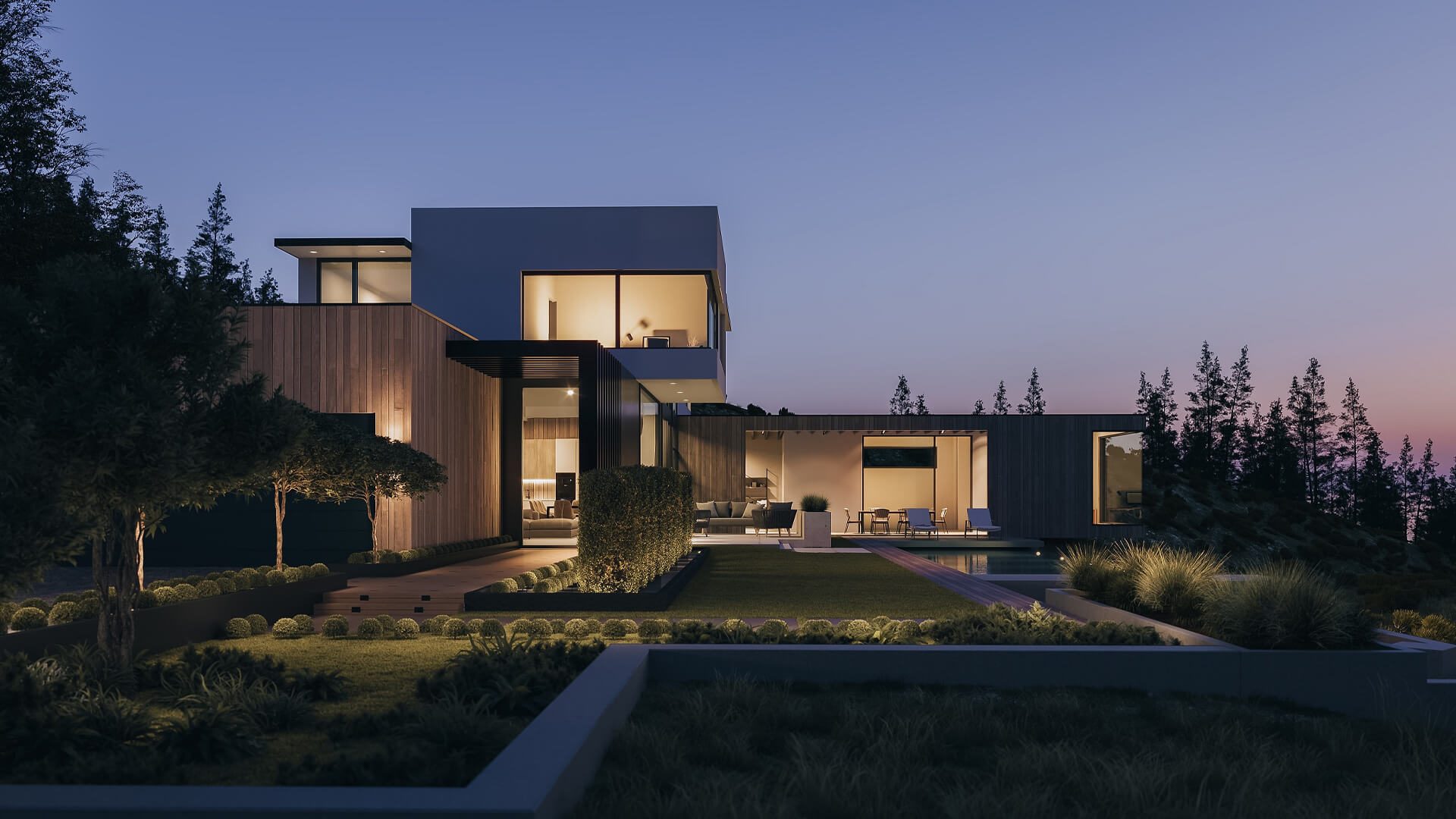 Single-Family House 3D Render in Nighttime