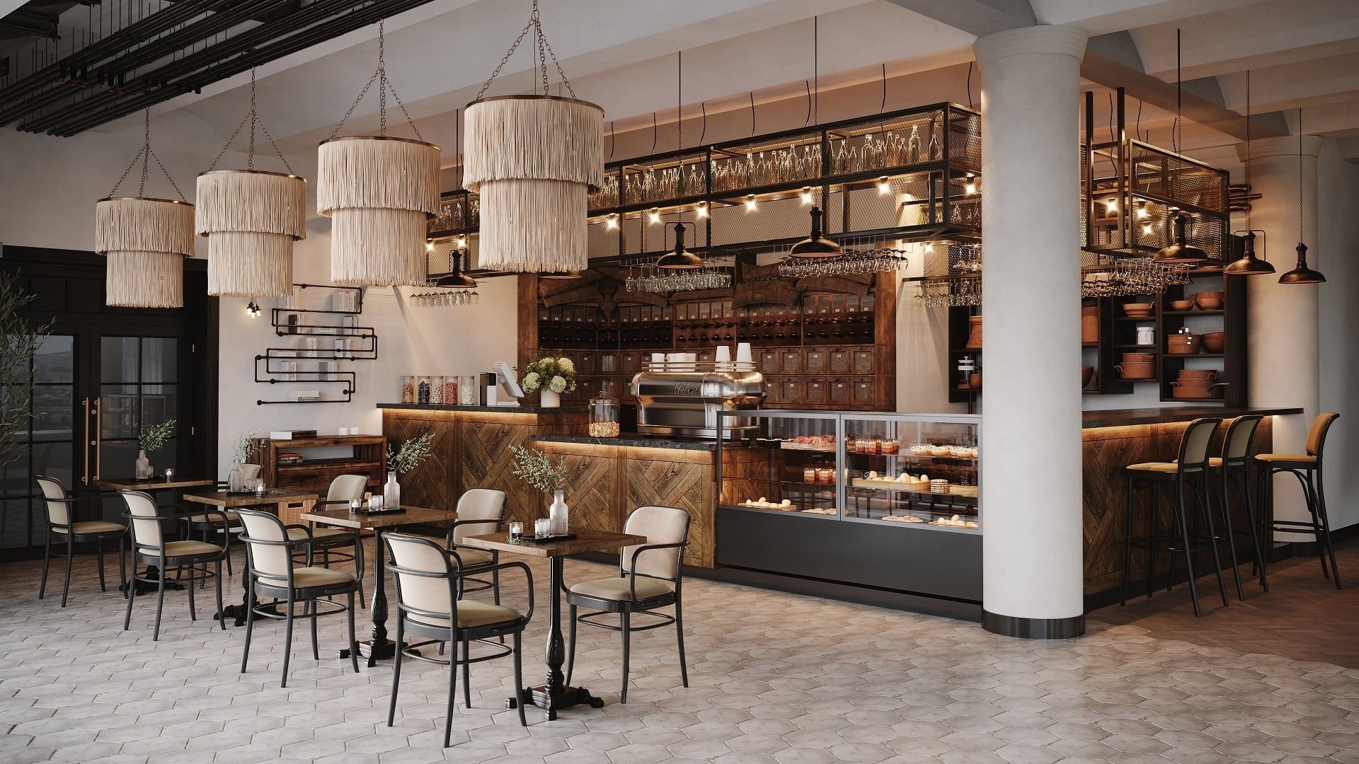 Zoom Out Restaurant Interior 3D Rendering