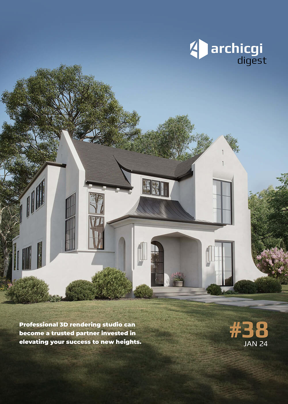 ArchiCGI Digest #38 cover with 3D rendering of a white modern house exterior