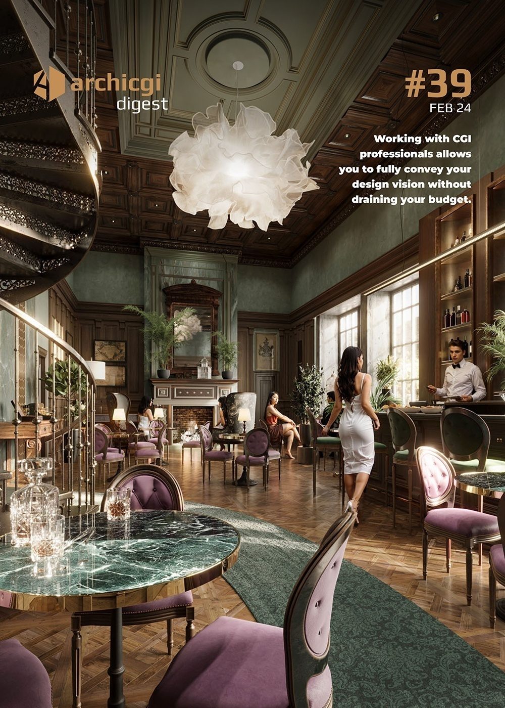 ArchiCGI Digest #39 cover with 3D rendering of an elegant restaurant interior