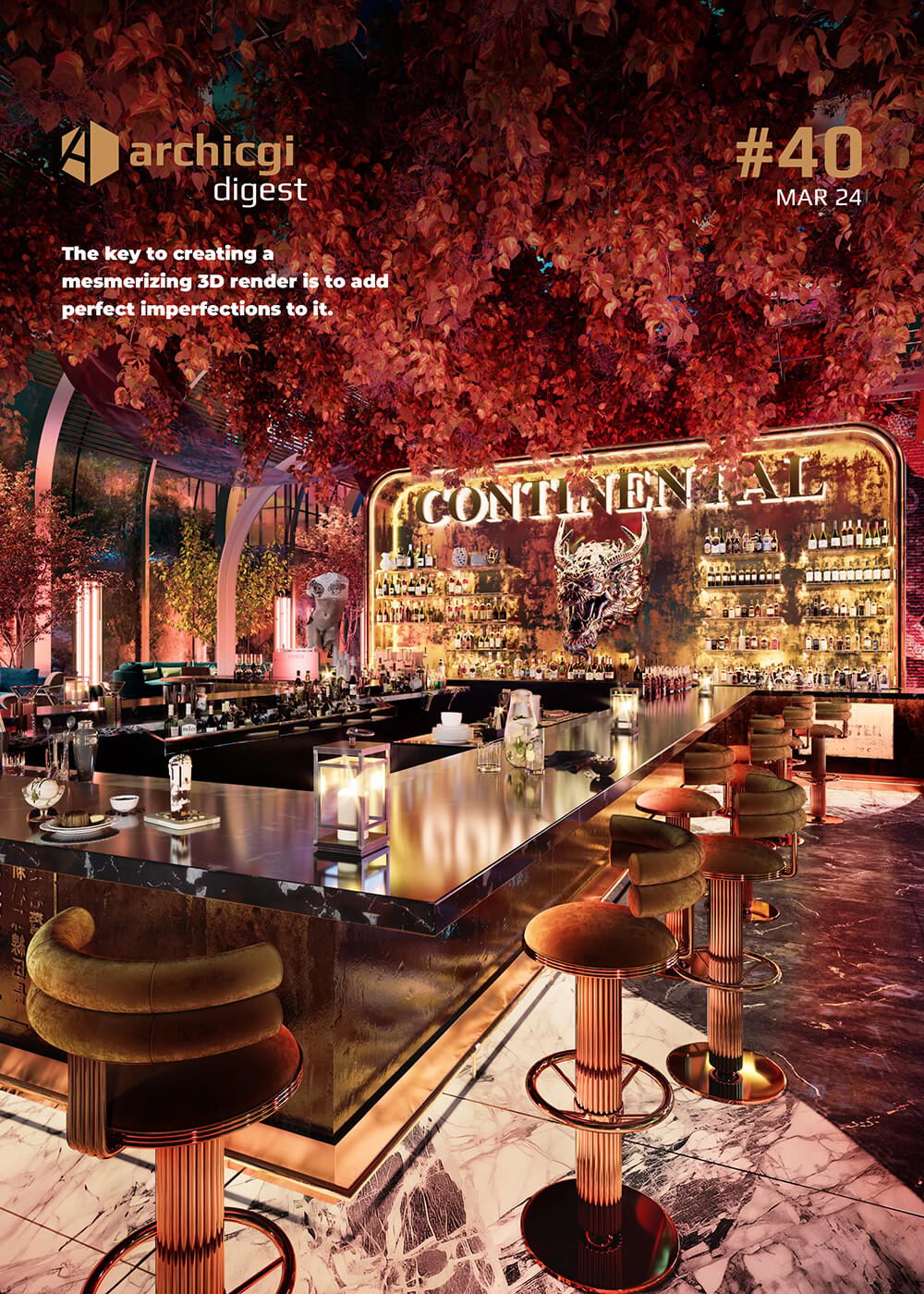 ArchiCGI Digest #40 cover with 3D rendering of a dramatic red restaurant interior