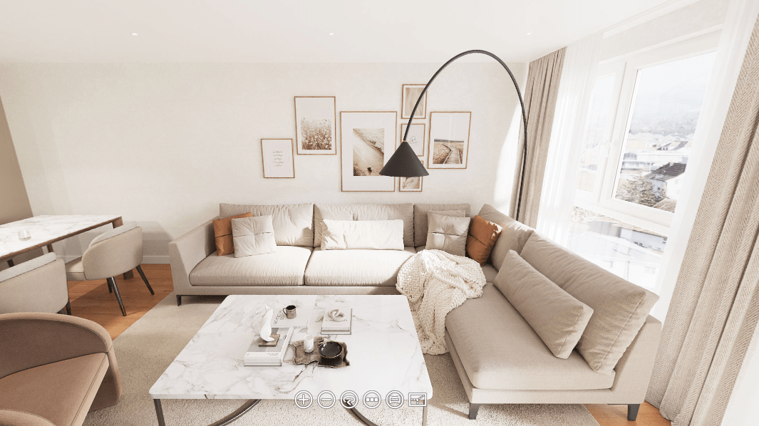 3D virtual tour rendering of a bright Swiss real estate living room