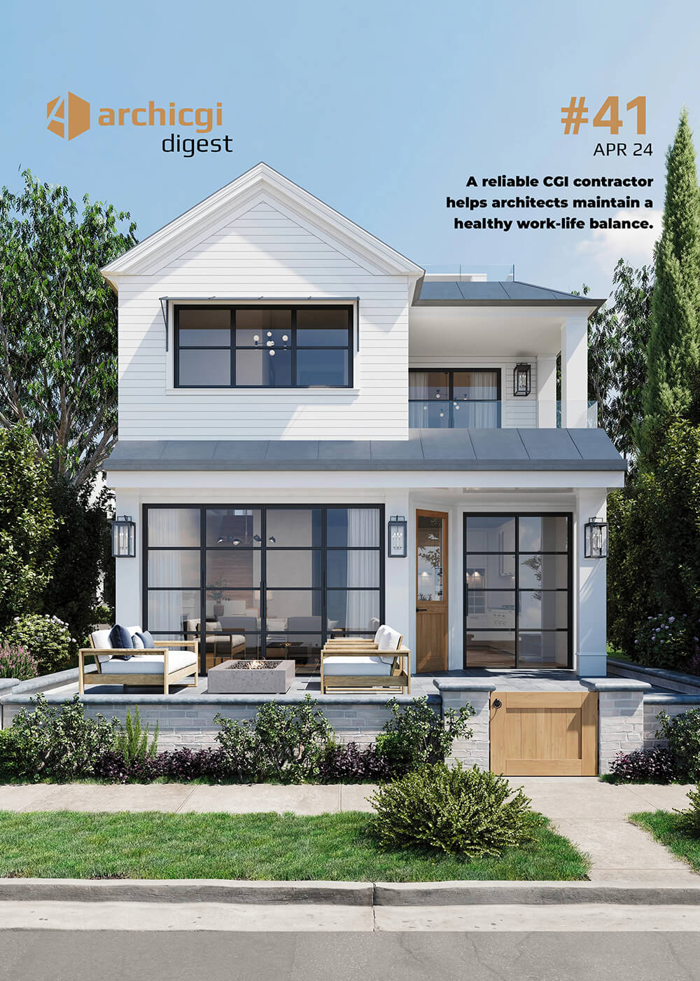 ArchiCGI Digest #41 cover with 3D rendering of a white two-story house exterior