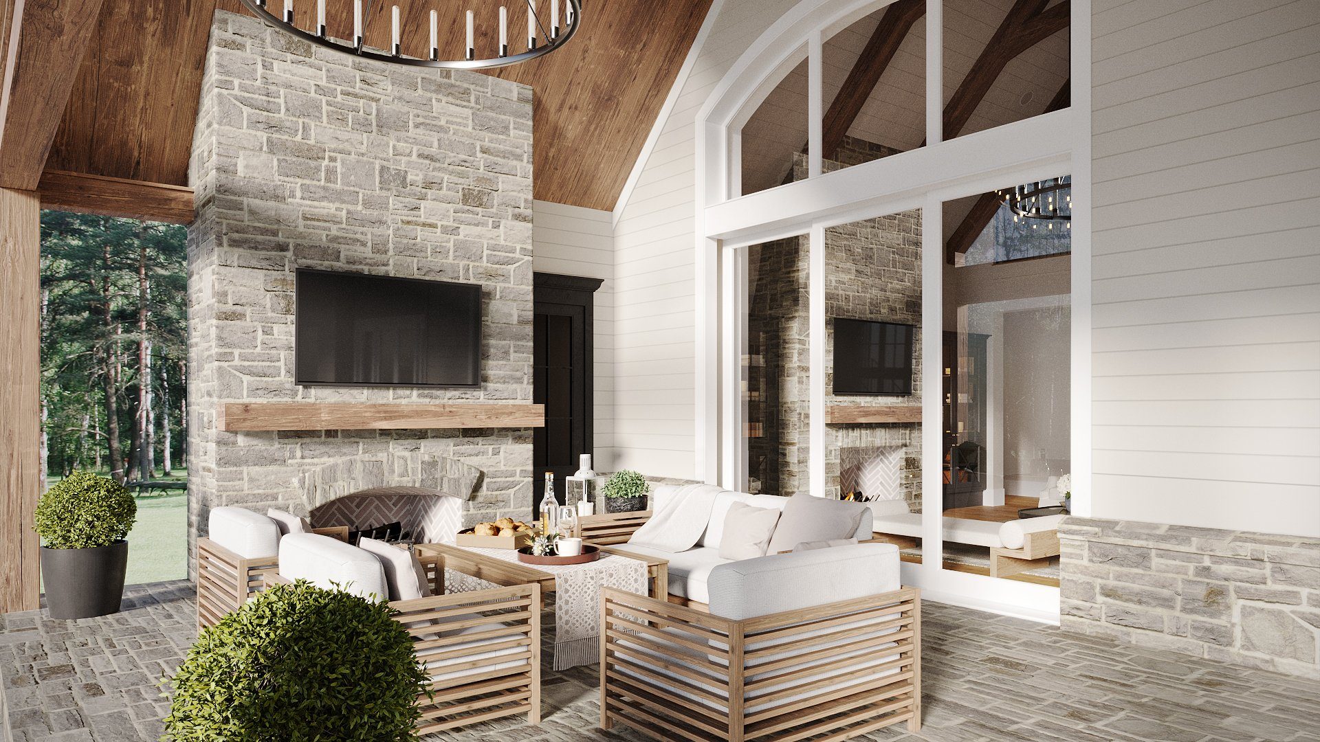 Exterior 3D render — covered porch with fireplace