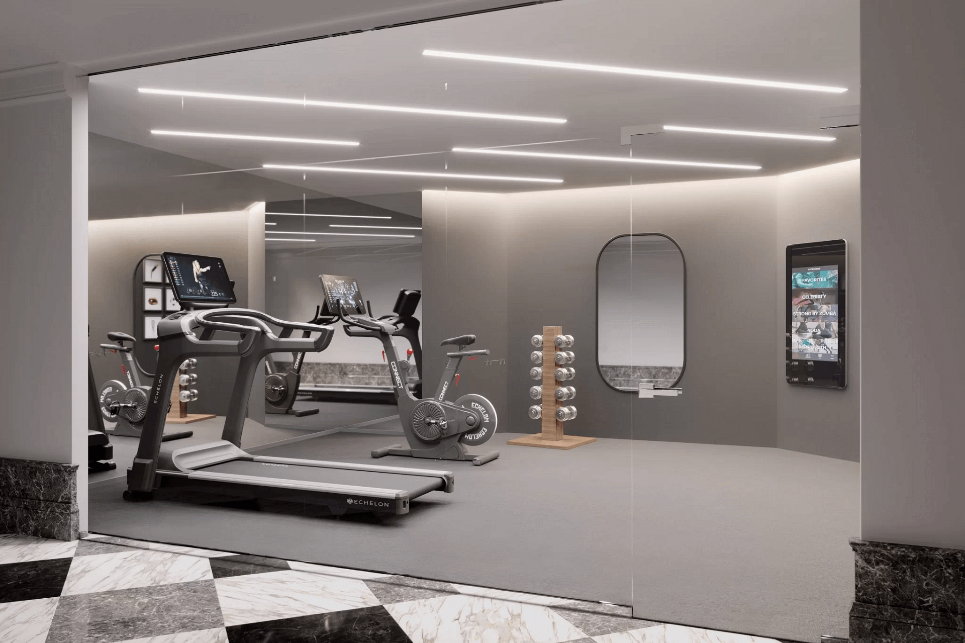 Gym rendering with cool artificial lighting