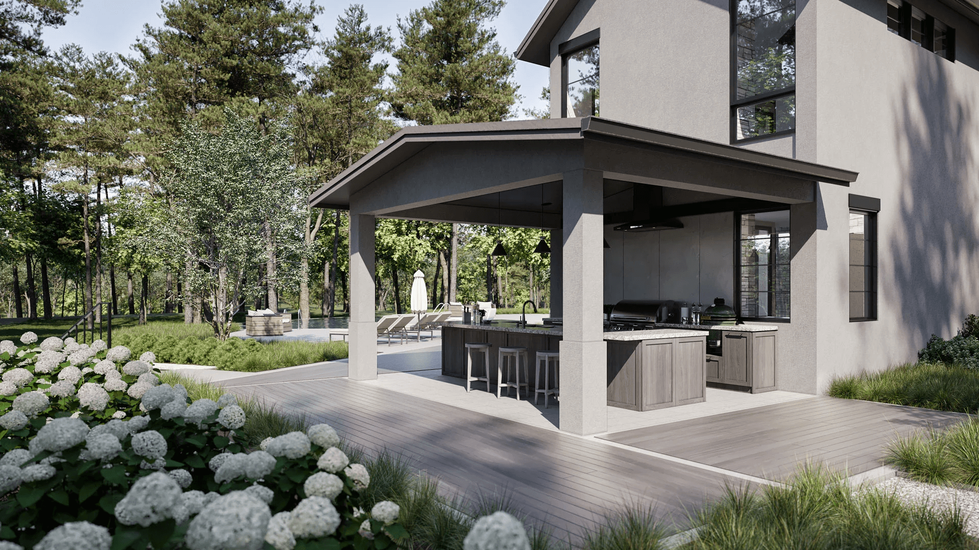 Exterior 3D render — outdoor kitchen villa Georgia