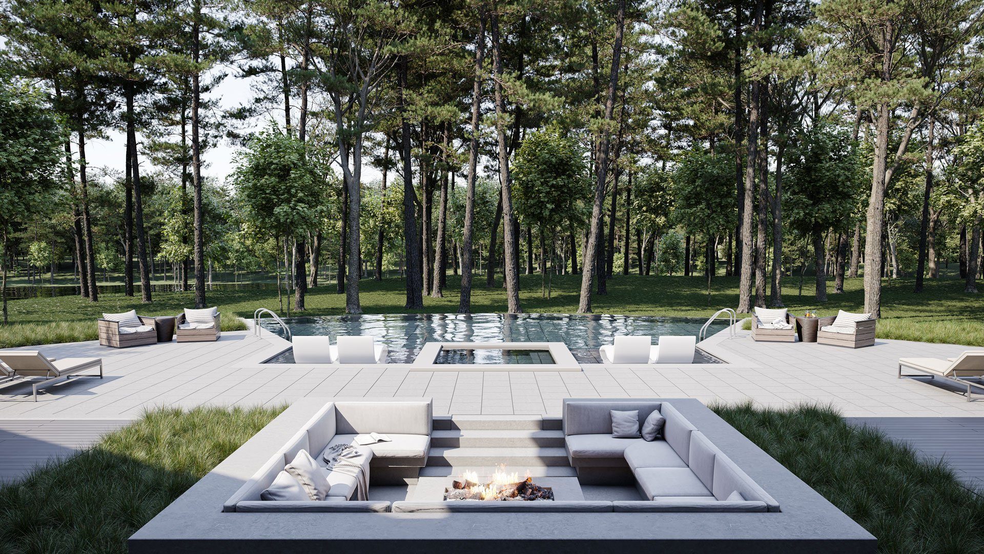 Outdoor spaces 3D render — rooftop lounge example