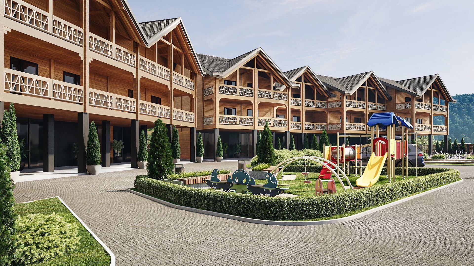 3D rendering — kids playground mountain resort