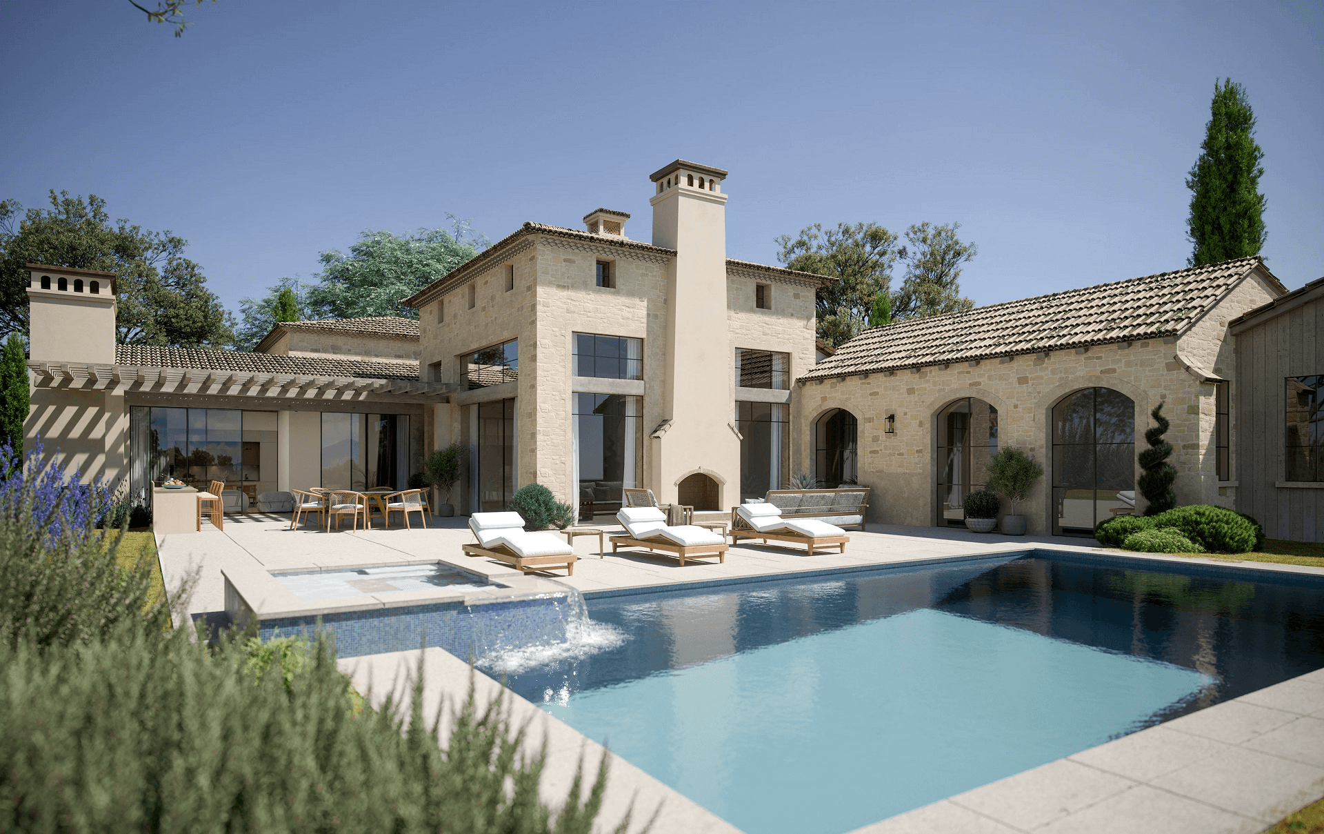 Exterior render — poolside lounge Mediterranean villa
